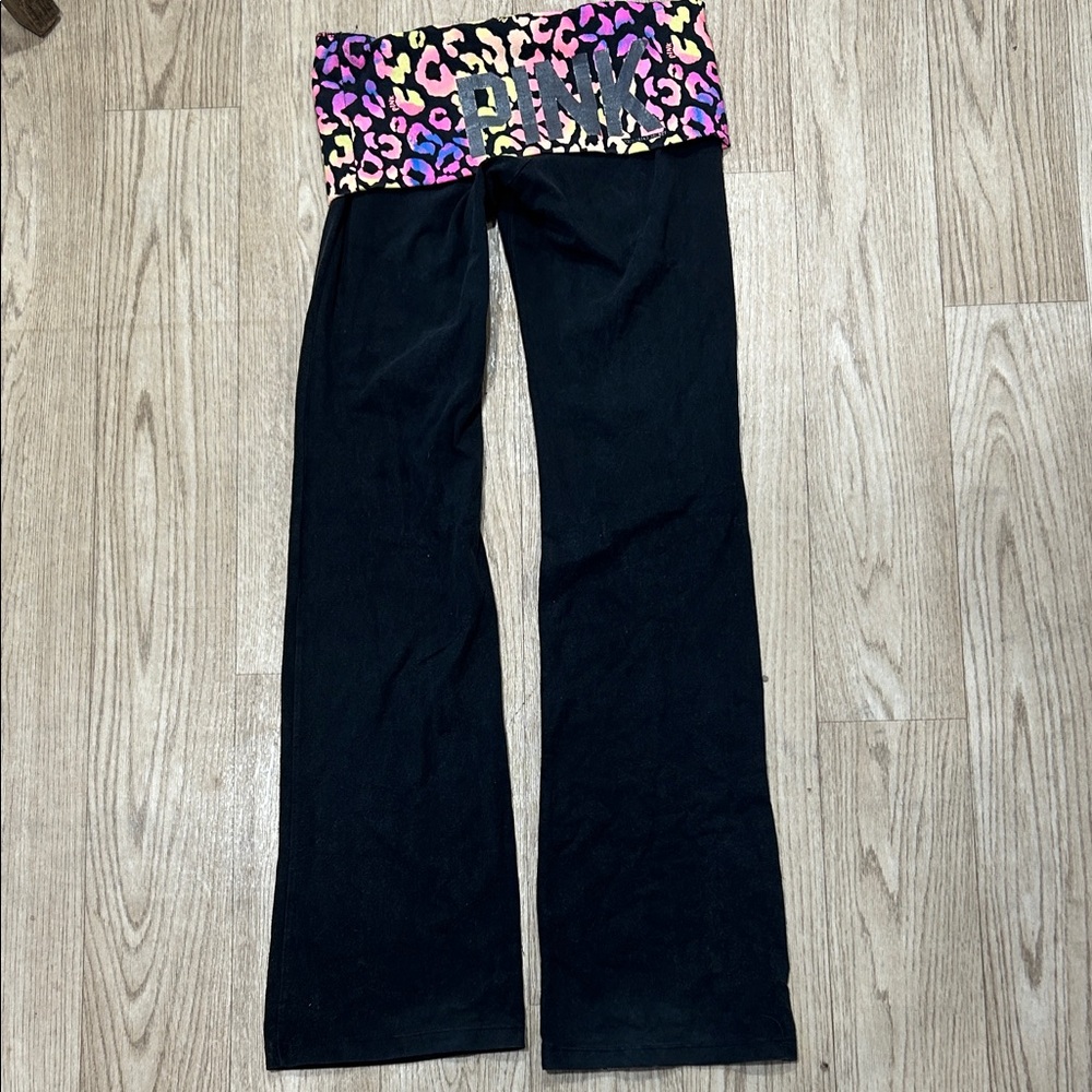 PINK Victoria's Secret Black Track Pants with Leopard Print Waistband - Picture 2 of 3